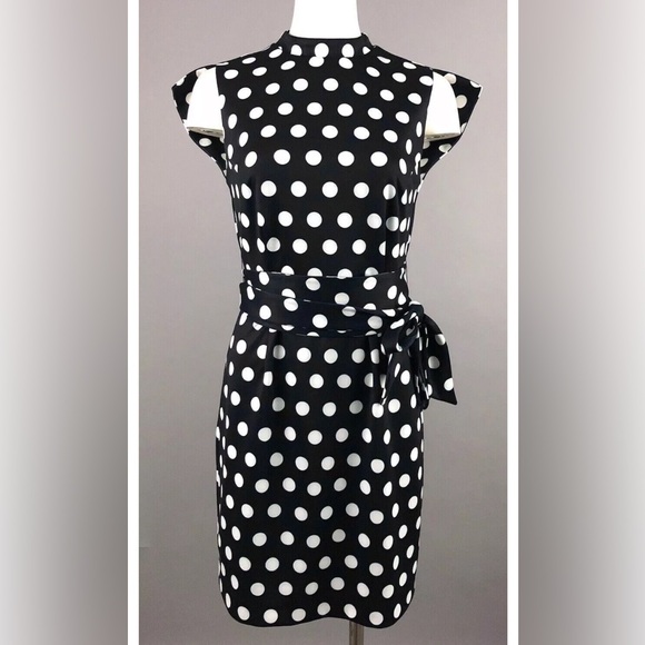 Alexia Admor Bella Polka Dot Sheath Dress Cap Sleeve Belted XS Navy White - Picture 1 of 8